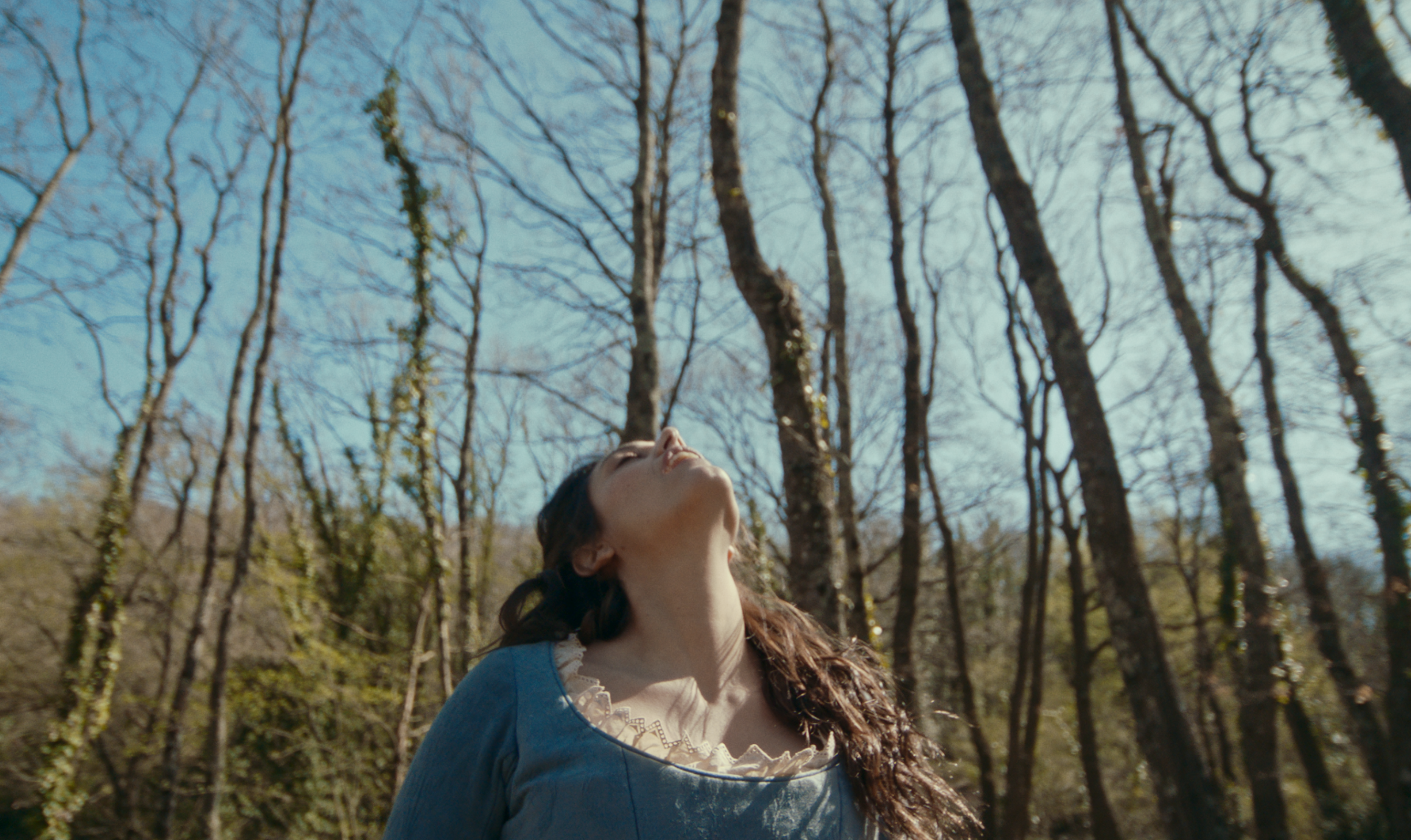 A woman in a blue dress looking up through the trees