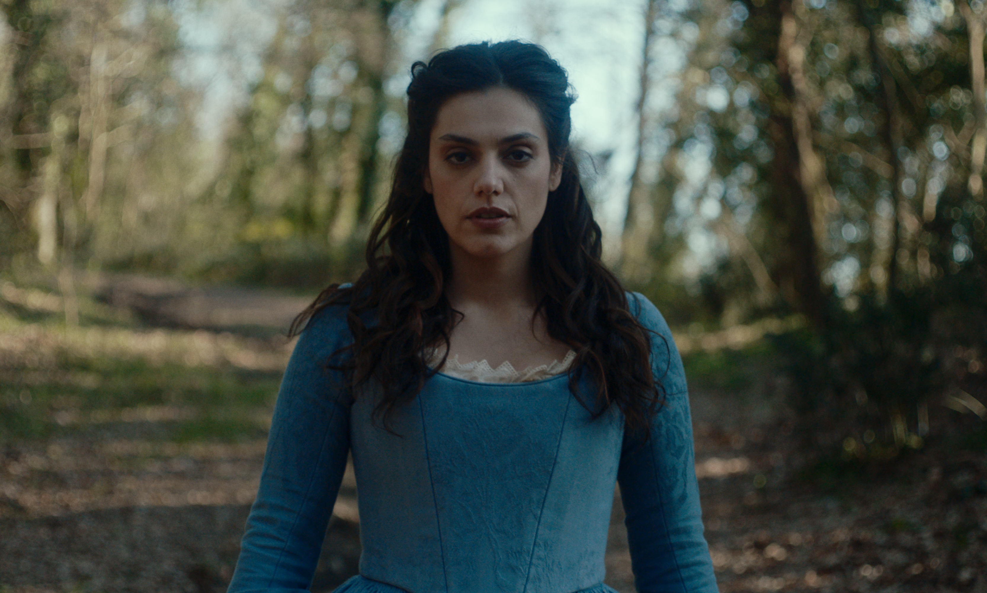 A portrait of a woman in a blue dress in the woods