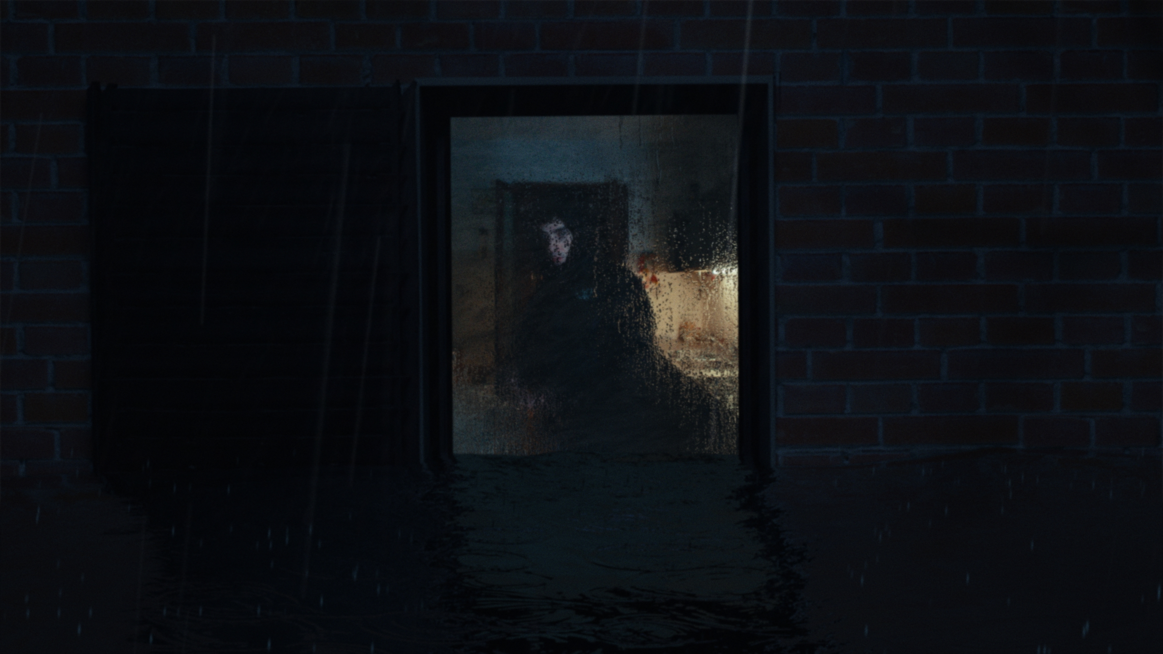 A figure seen through a rain-covered window at night