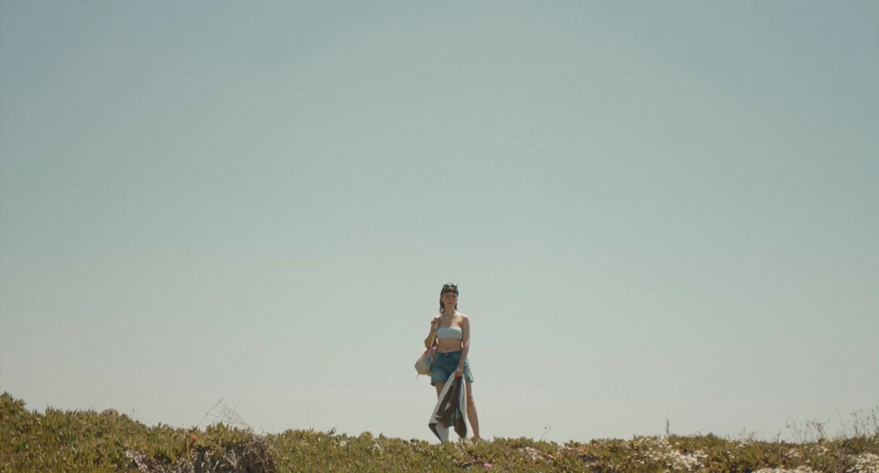 A woman standing on a rise against a pale sky