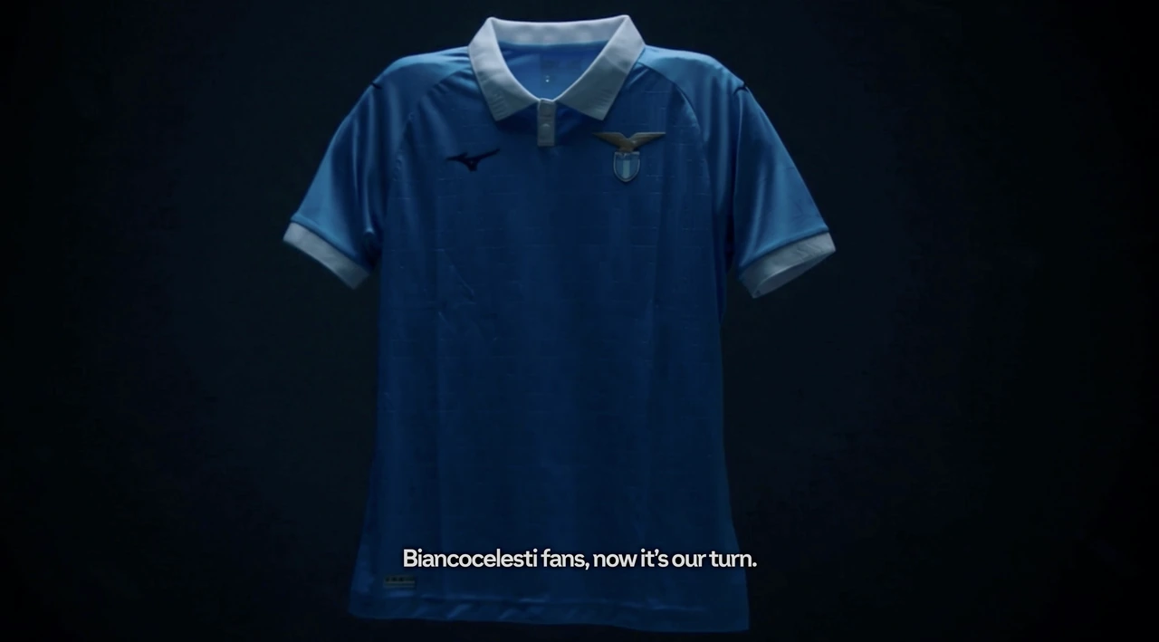 A sky-blue SS Lazio jersey suspended against a dark background