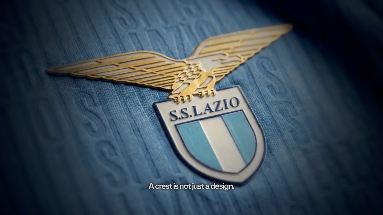 A close-up of the SS Lazio crest on blue fabric