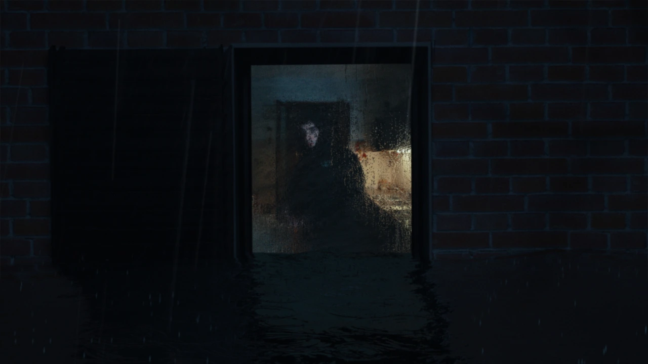 A figure seen through a rain-covered window at night