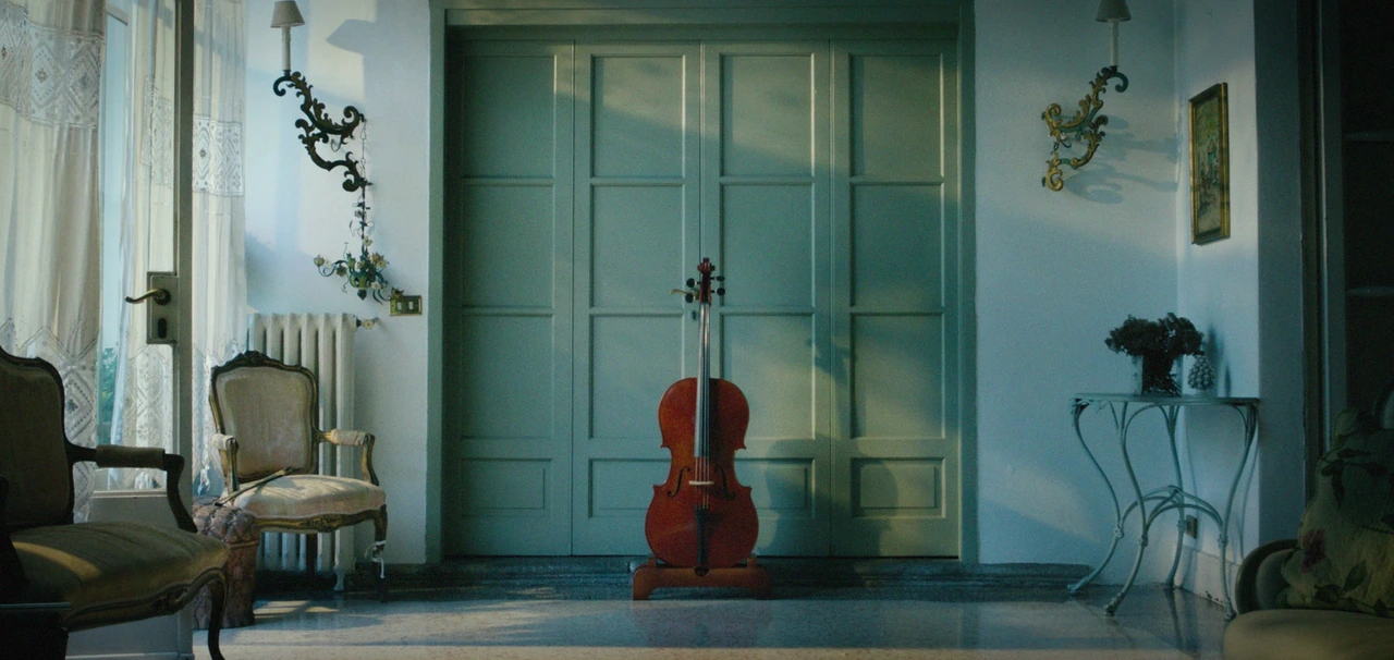 A cello beside antique chairs and a sunlit window