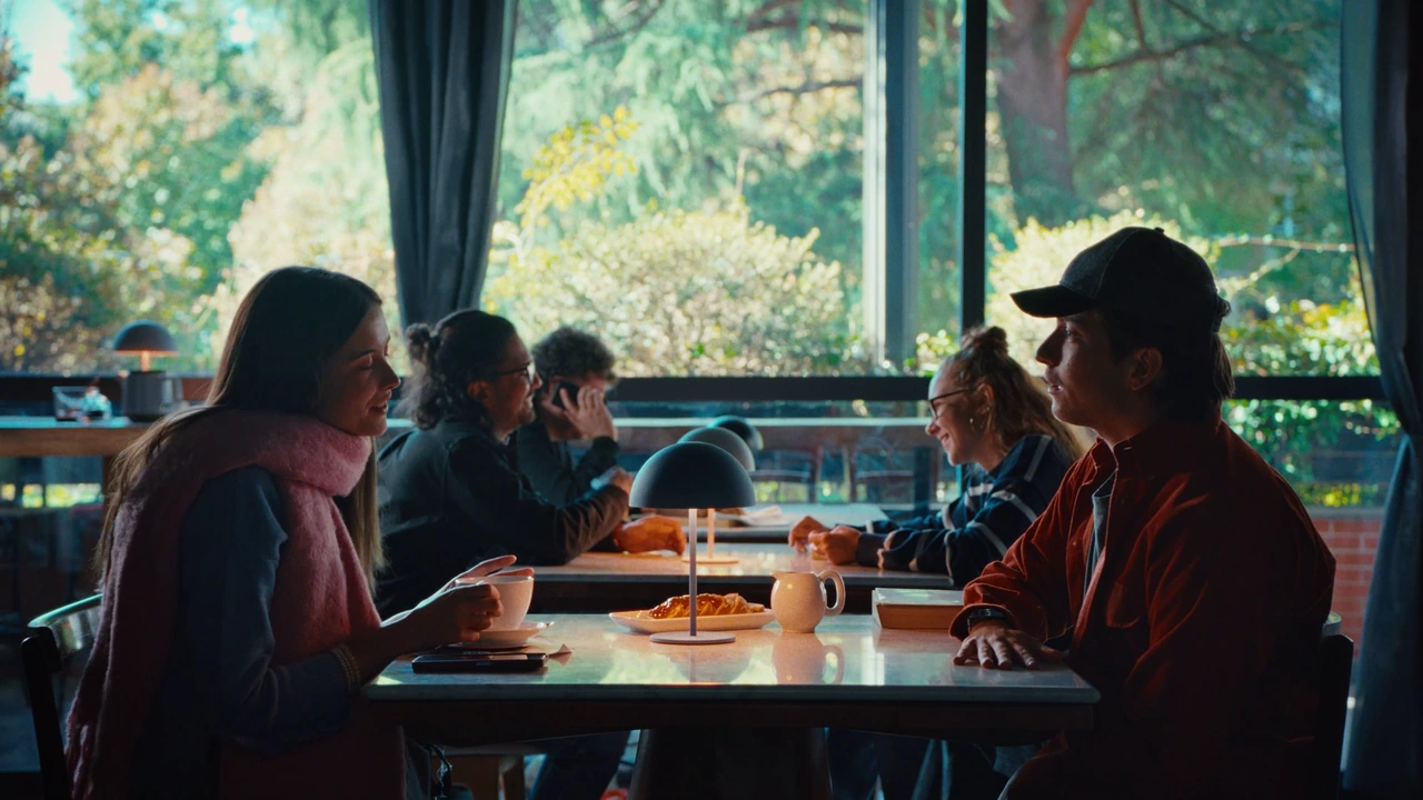 People talking across café tables in daylight