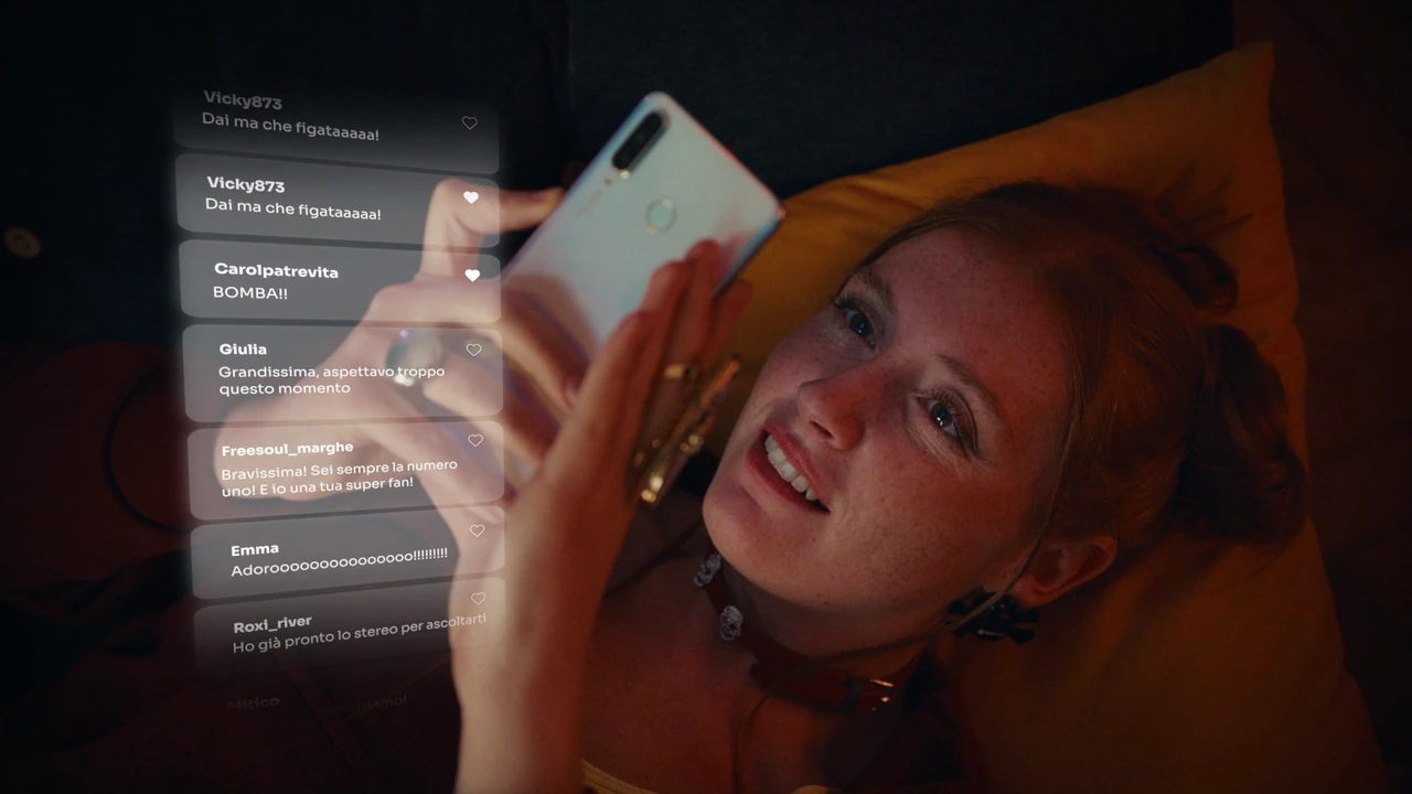 A woman reading messages on her phone