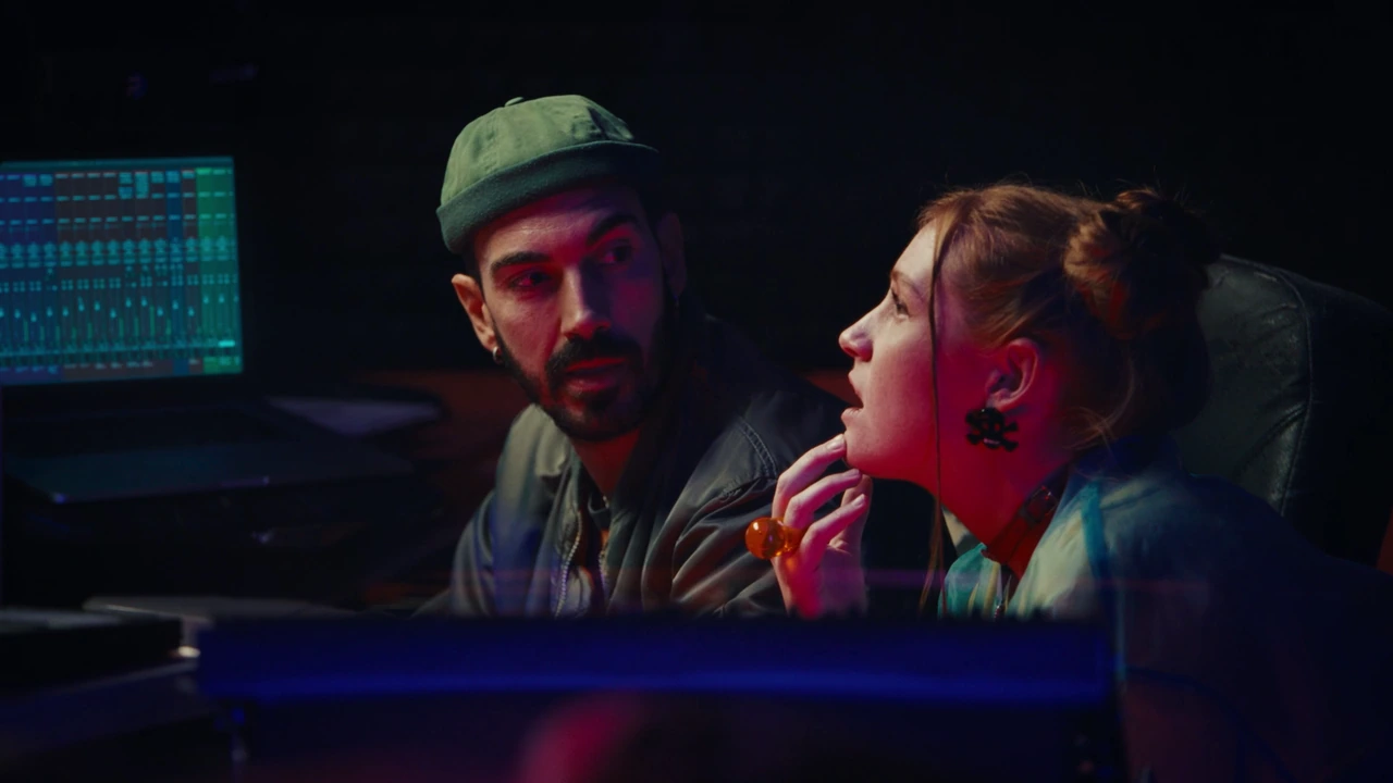 Two people in a recording studio under coloured light