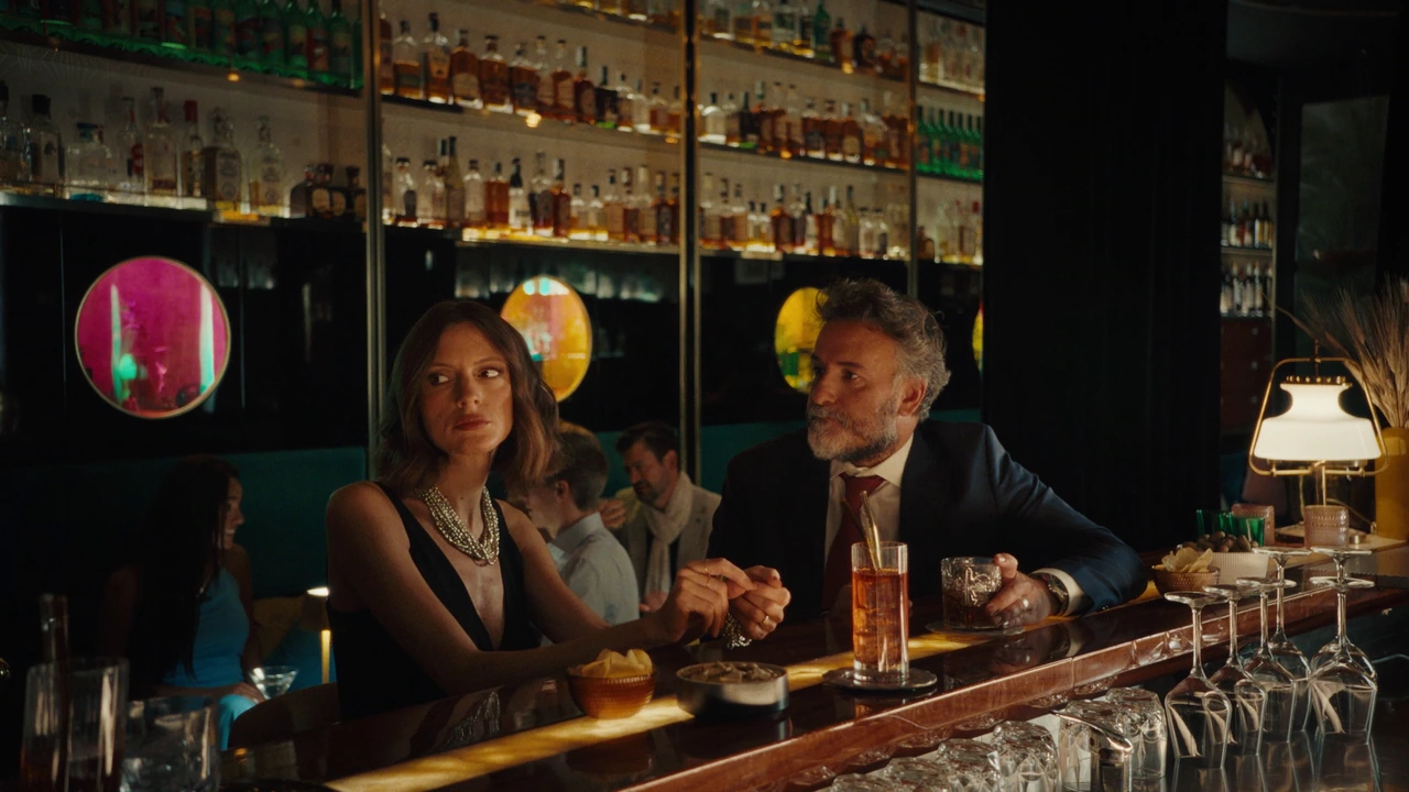 A couple at a warmly lit bar