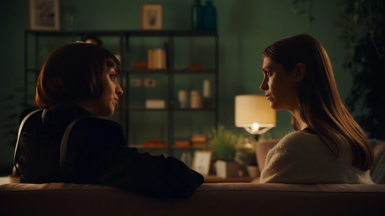 Two women talking in a softly lit room