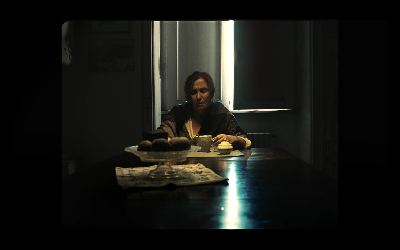 An older woman sitting at a table beside a shuttered window