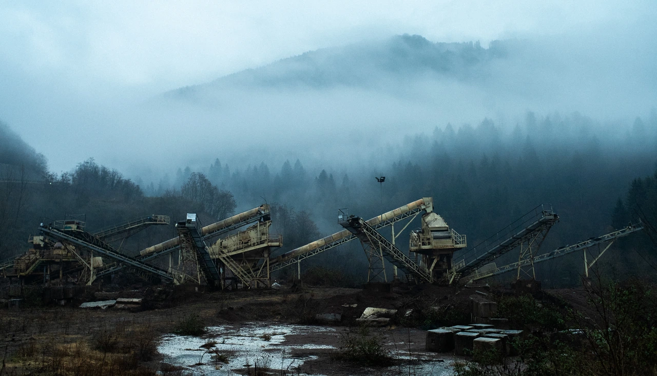 Industrial conveyors beneath a mist-covered forest