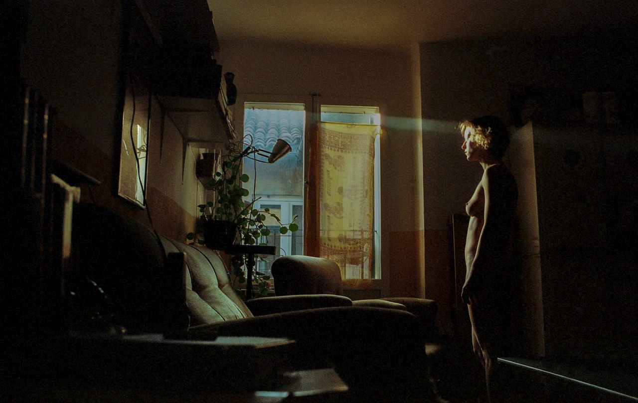 A figure standing in a room crossed by warm window light